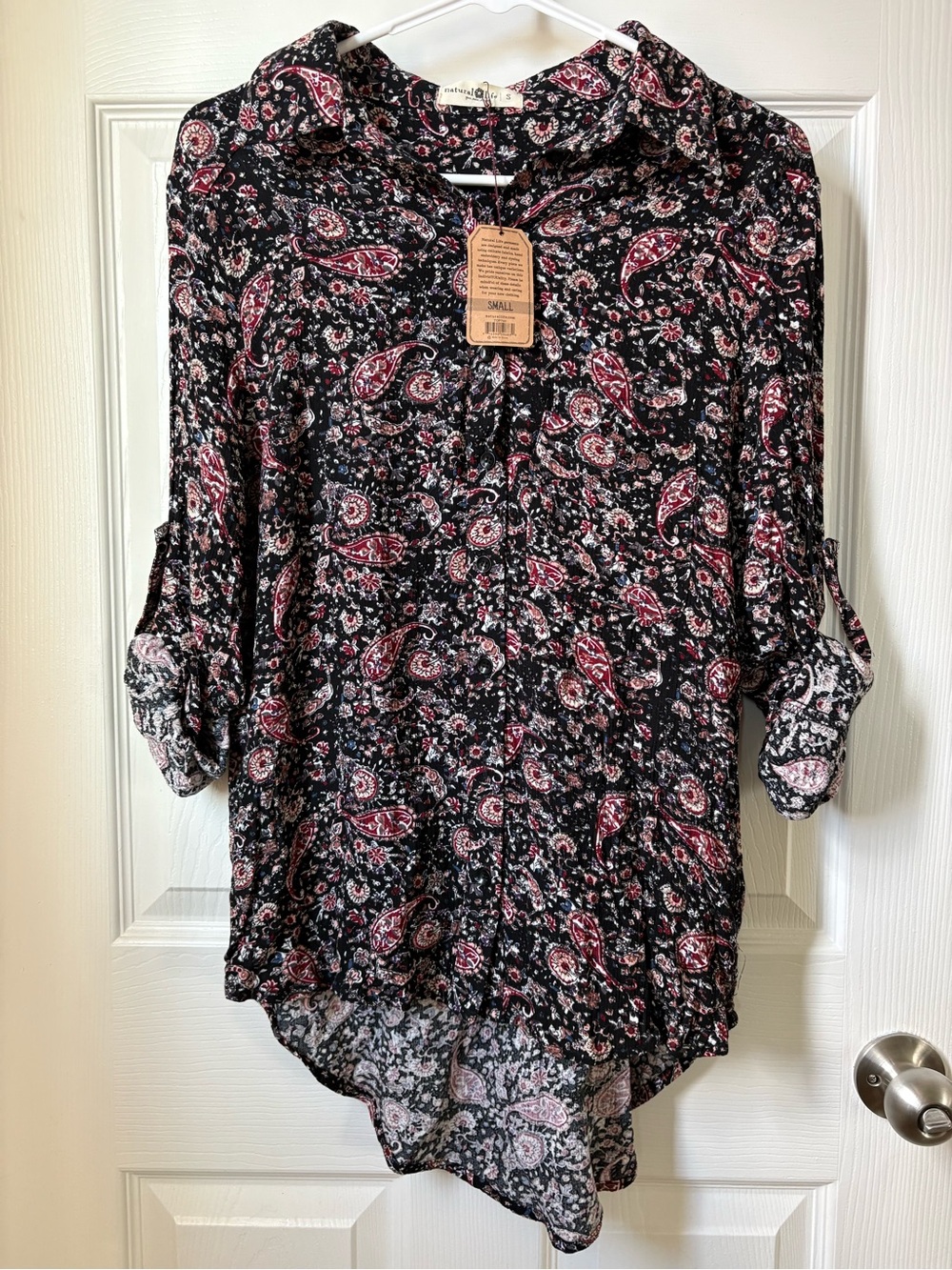 Natural Life Paisley Button-Front Roll-Sleeve Tunic Blouse
